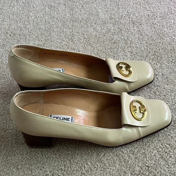 Celine Cream Leather Square-Toe Pumps with Gold Logo Plaque - Picture 4 of 12